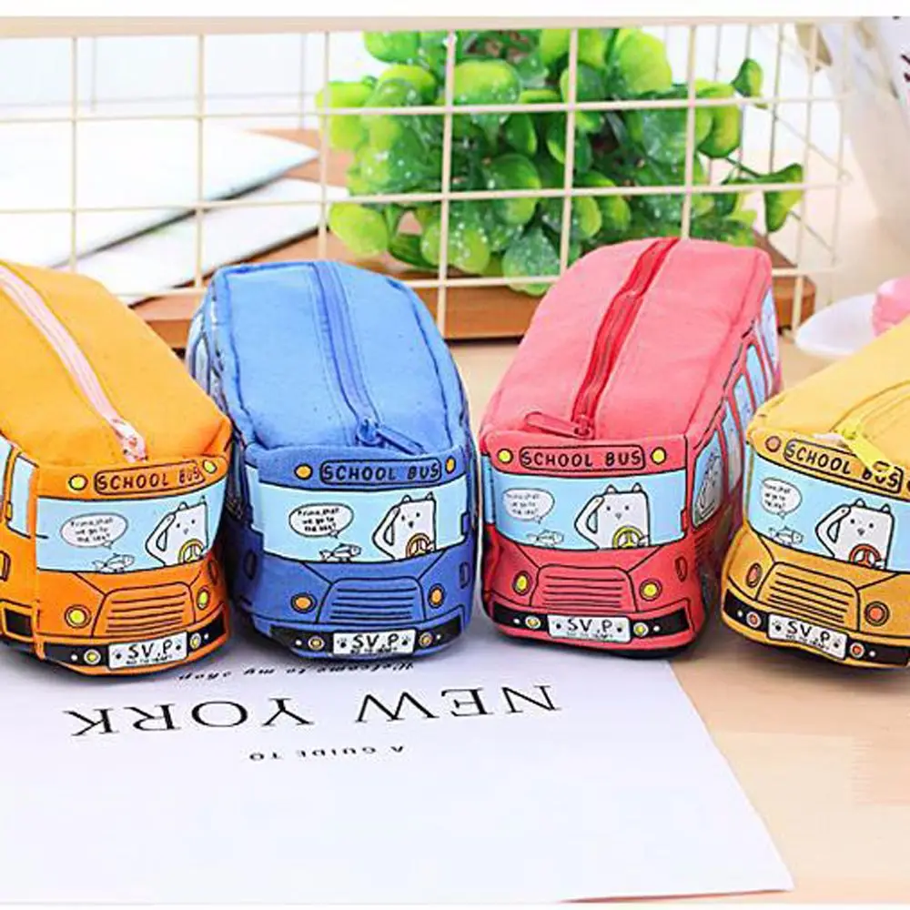 Materiale Scolastico Di Alta Qualità Cartoon Animal School Bus Shape Pencil Case Pencil Bag Canvas Pen Bag