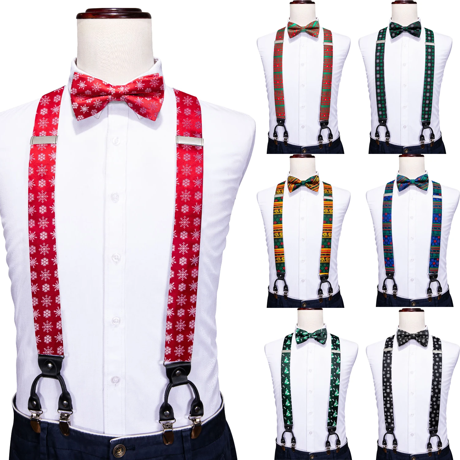 Barry.Wang Silk Christmas Mens Reggicalze Xmas Regolabile 6 Clip Y Back Bretelle Papillon Fazzoletto Gemelli Set Rosso Verde Nero