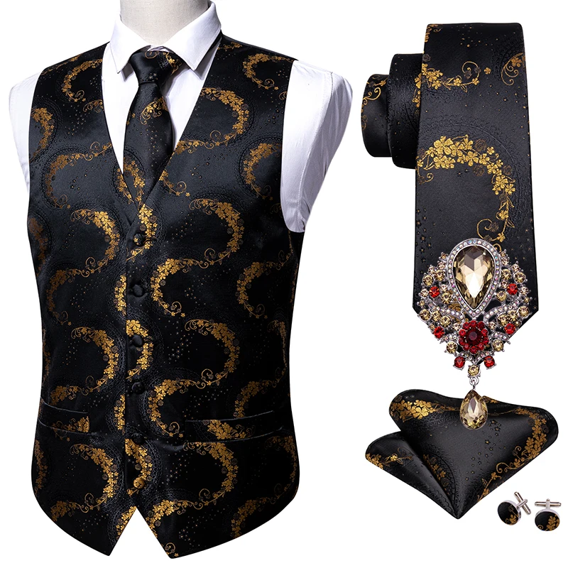 Nero 5 Pezzi Designer Mens Abito Da Sposa Gilet Oro Floreale Jacquard Folral Seta Gilet Cravatta Spille Gilet Set Barry.Wang Sposo