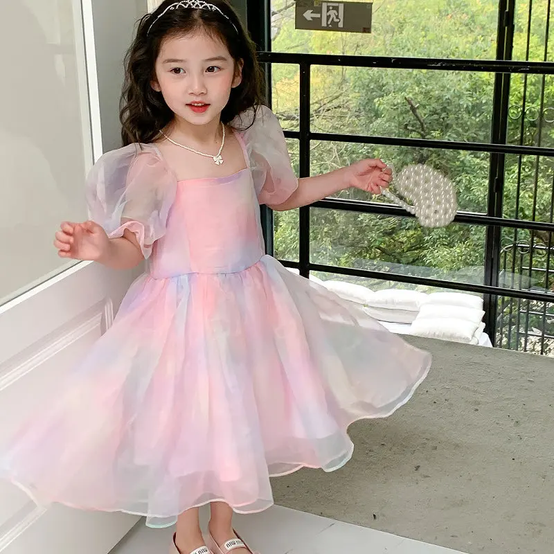 2023 Summer Girls Princess Rainbow Organza Dress Fashion Design