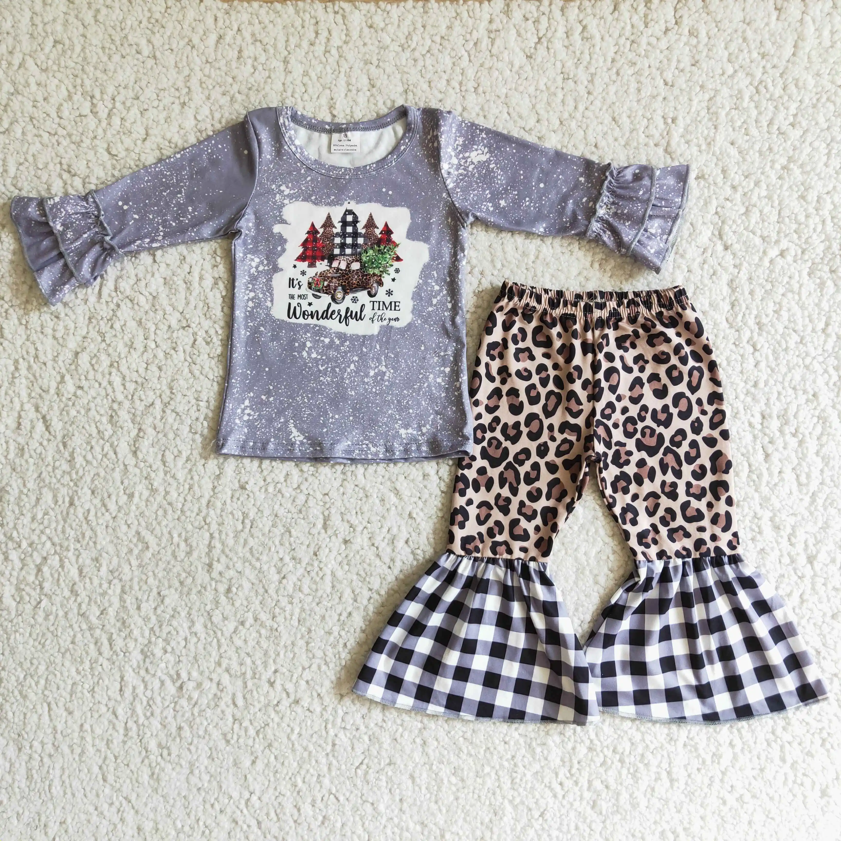 Christmas Outfits For Baby Girls Wonderful Time Shirt And Leopard Bell Bottoms Pants Boutique Wholesale Children Winter Sets