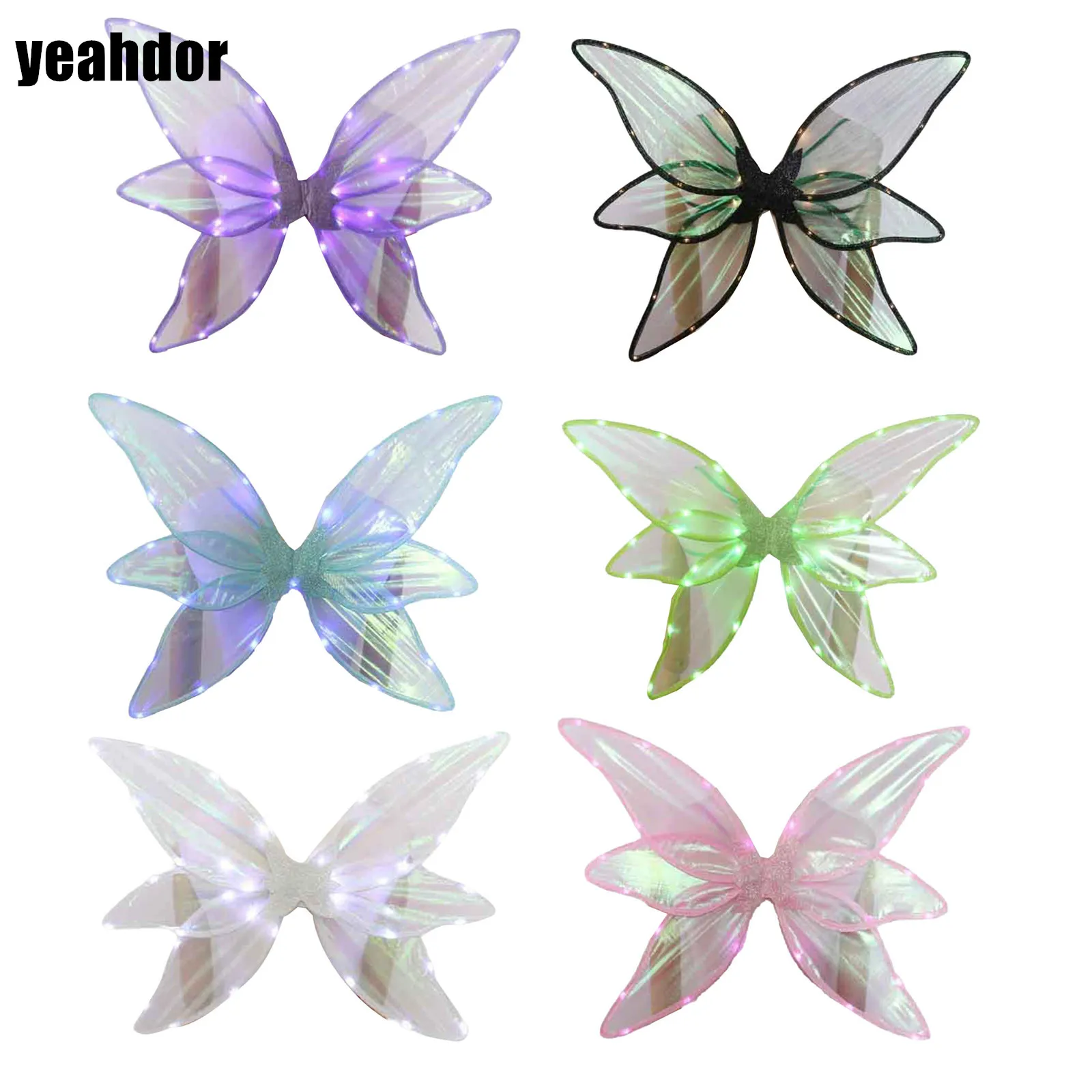 Kids Girls Six-Wings Light Up Fairy Wings Dragonfly Elf Wings Halloween Cosplay Costume Dress Up Party Accessory