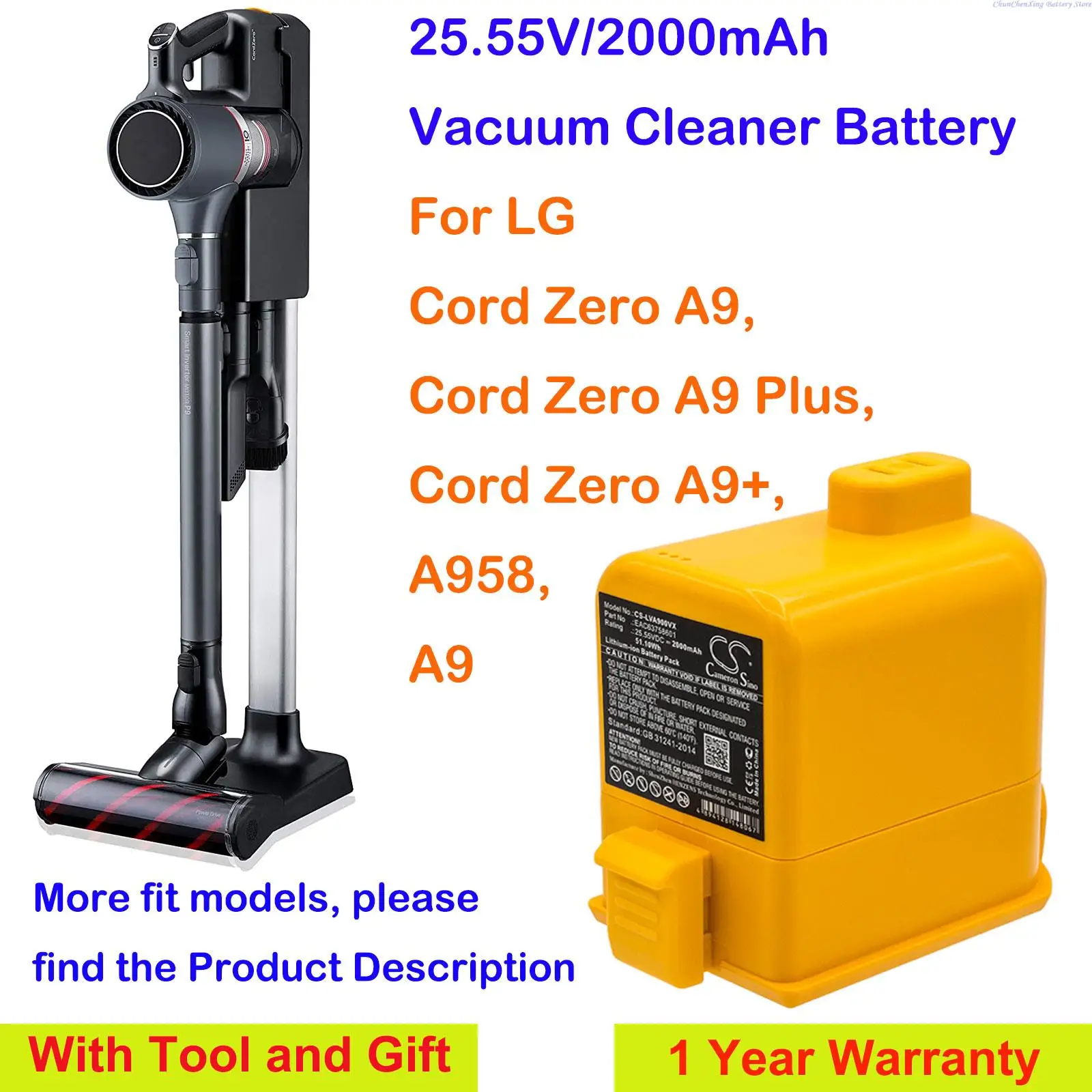 Cs 2000Mah Aspirapolvere Batteria Eac63758601 Per Cavo Lg Zero A9, Cavo Zero A9 +,A9, Cavo Zero A9 Plus,A9M,A958,A958Sk