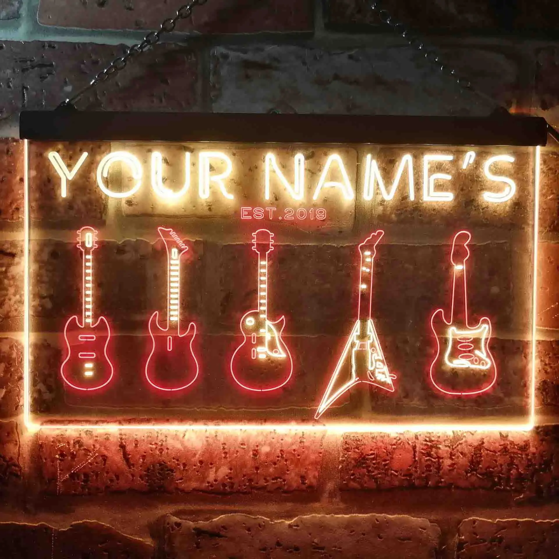 Personalizzato Guitar Maniac Dual Color Neon Your Name Est Year Theme Guitar Hero Room Decoration Dual Color Led Neon Sign