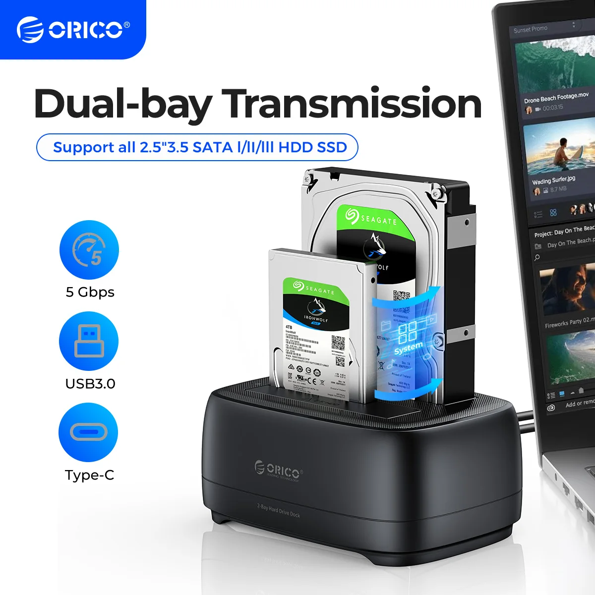 Docking Station Per Hdd Orico 5Gbps Usb3.0 E Type-C Supportato Uasp Con Funzione Di Clone Del Sonno Automatico Per Accessori Per Computer