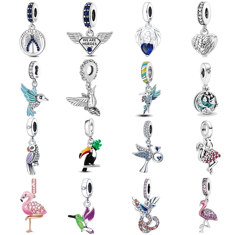 925 Sterling Silver Owl Flamingo Woodpecker Feather Charms Fit Originale Pandora Bracciale Charm Bead Collana Gioielli Femminili Fai Da Te