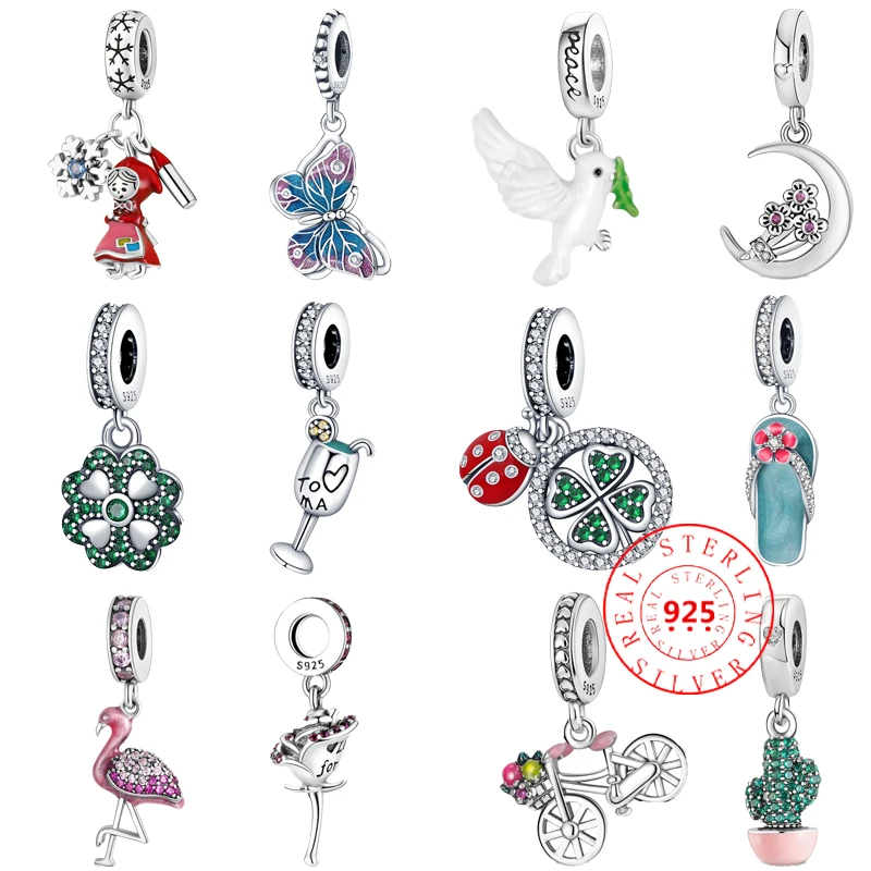 925 Solid Silver Flamingo Pigeon Four Leaf Clover Butterfly Rose Charms Perline Fai Da Te Fit Original Pandora Charms Bracciali Gioielli