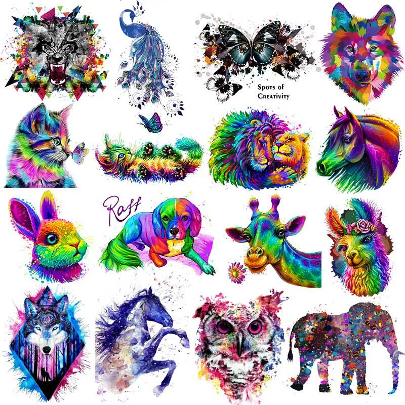 Colorato Punk Animal Series Heat Transfer Patch Tiger Horse Cat Iron On Transfers For Clothing Adesivi Termici Fai Da Te Per I Vestiti