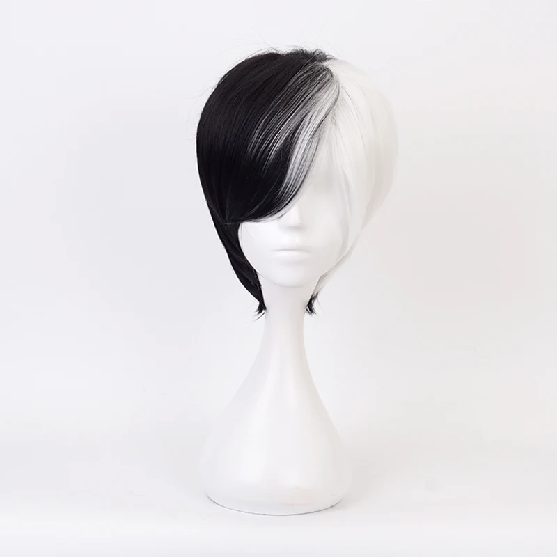 New Cruella Deville White Black Mixed Short Synthetic Hair Cosplay Wig For Women Party Halloween + Wig Cap