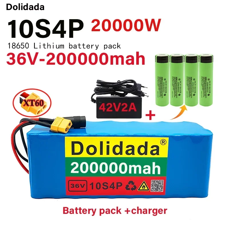 Batterie Lithium 36V 10 S4P 200Ah , Grande Capacité, Pour Vdallo Et Trottinette Eslectrique, Avec Prise Bms Xt60 Et Chargeur Incluso