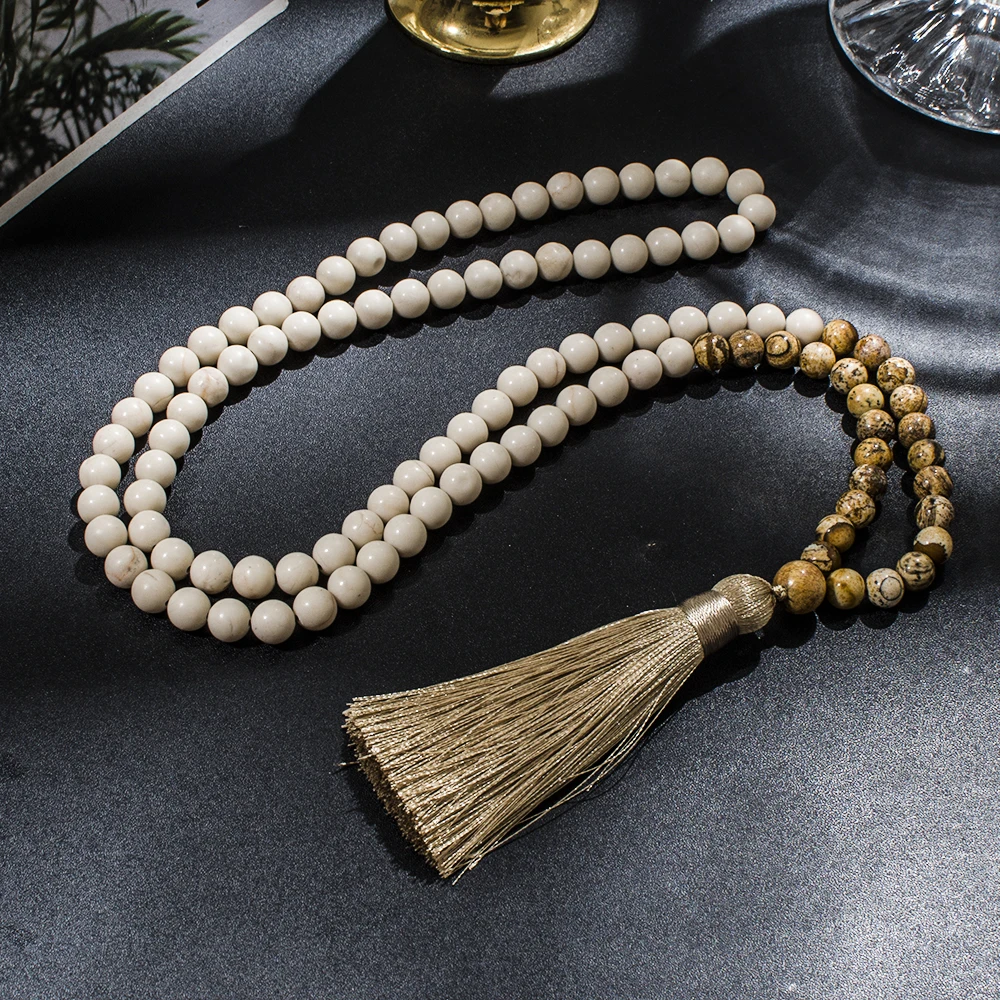 8Mm White Fossil Picture Jasper Beaded 108 Mala Collana Yoga Preghiera Meditazione Nappa Gioielli Japamala Rosario