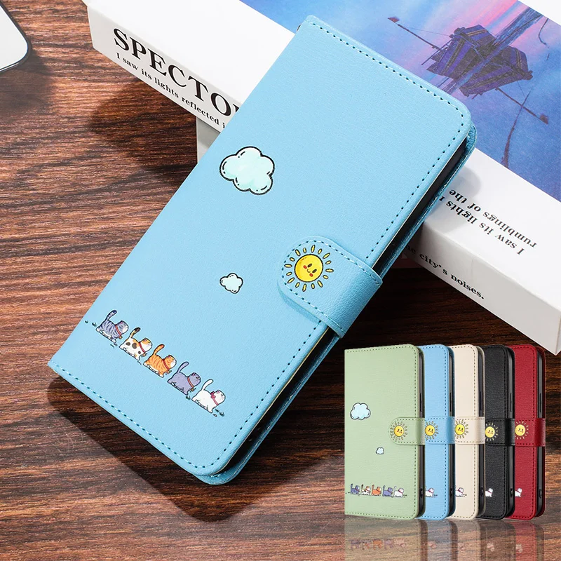 Cute Cat White Cloud Pattern Flip Phone Case Per Samsung Galaxy S23 S22 A52 A53 A54 Cover Posteriore Del Supporto Della Carta