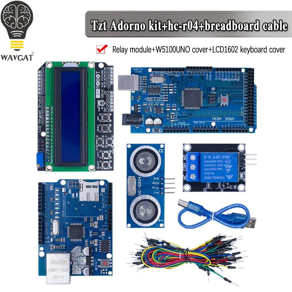 Mega 2560 R3 Per Arduino Kit + Hc-Sr04 + Cavo Breadboard + Modulo Relè + W5100 Uno Shield + Lcd 1602 Schermo Tastiera