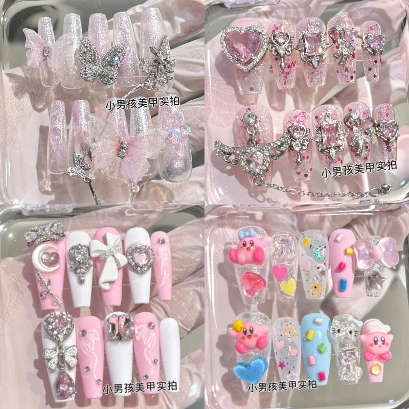 New Kirby Kitty Sparkling Water Diamond Handmade Press On Nails Full Cover Nail Tips Manicure Fai Da Te Staccabile