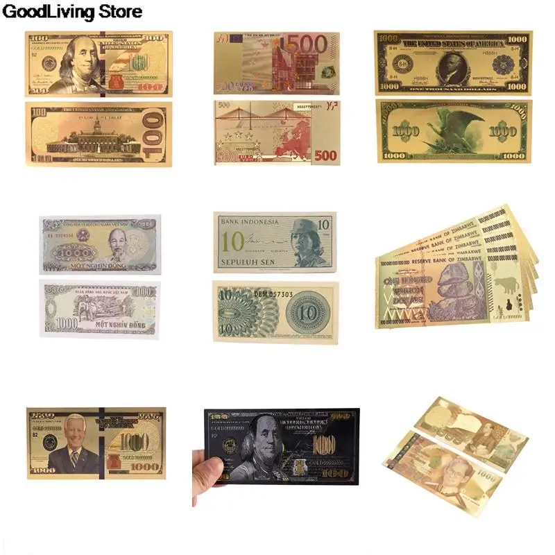 1Pc Banconote Placcate In Oro Lamina D'Oro Nero Antico Usd 100 Valuta Dollari Commemorativi Banconote Decor Denaro Falso Billetta Euro
