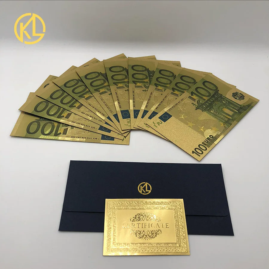 10 Pz/Lotto Banconote In Euro Colorate Replica Banconote In Euro 100 Banconote Placcate In Oro In Denaro Placcato Oro 24K Per La Raccolta