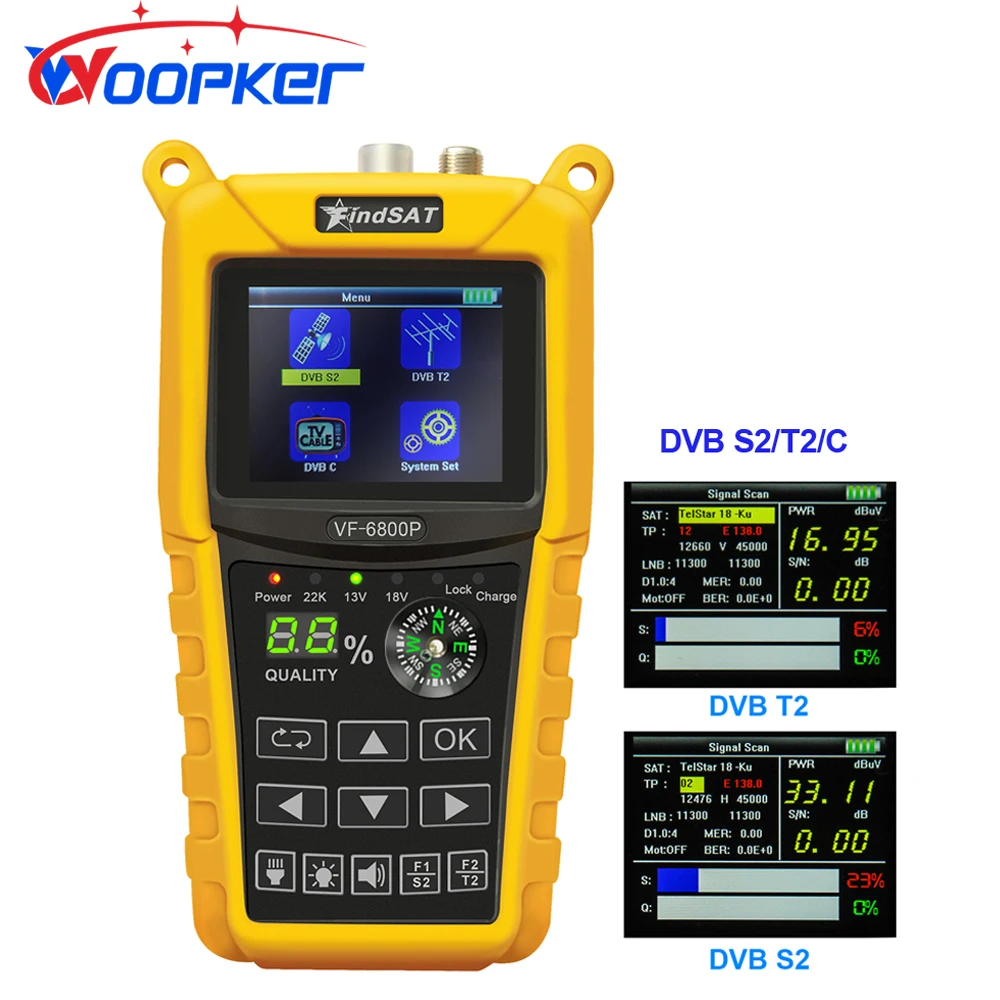 Woopker Satellite Finder Vf 6800P Premium Digital Sat Meter Con 2.4 Hd Lcd Per Sintonizzatore Tv Dvb-T2 Dvb-S2 Dvb-C Mpeg4
