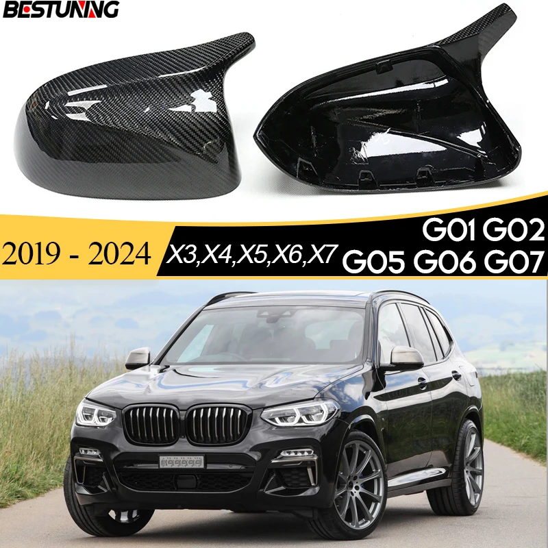 Replacement & Stick-On 3*3 Real Carbon Fiber Cf Door Mirror Shells 1 Pair For Bmw X3 G01 X4 G02 X5 G05 X6 G06 X7 G07 2019 - 2024