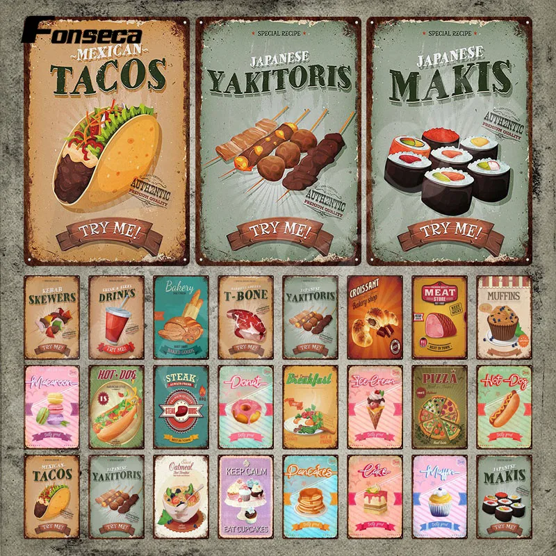 Food Metal Sign Tacos Messicani Yakitoris Makis E T-Bone Food Vintage Tin Sign Ciambella Gelato Dessert Wall Stickers Shop Decor