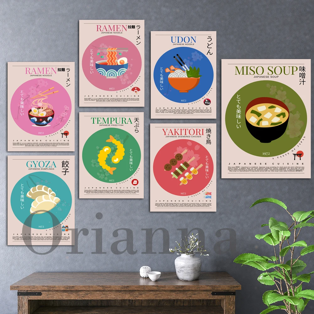 Miso Soup Yakitori Udon Tempura Ramen Gyoza Japan Food Retro Wall Art Prints Poster Home Kitchen Restaurant Decor Painting