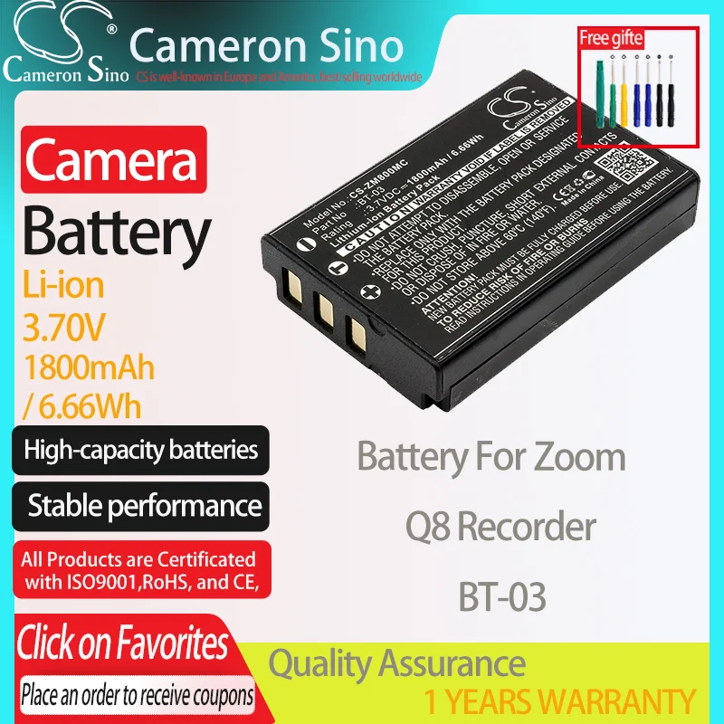 Cameronsino Batteria Per Zoom Q8 Registratore Adatto Zoom Bt-03 Fotocamera Digitale Batterie 1800Mah/6.66Wh 3.70V Li-Ion Nero
