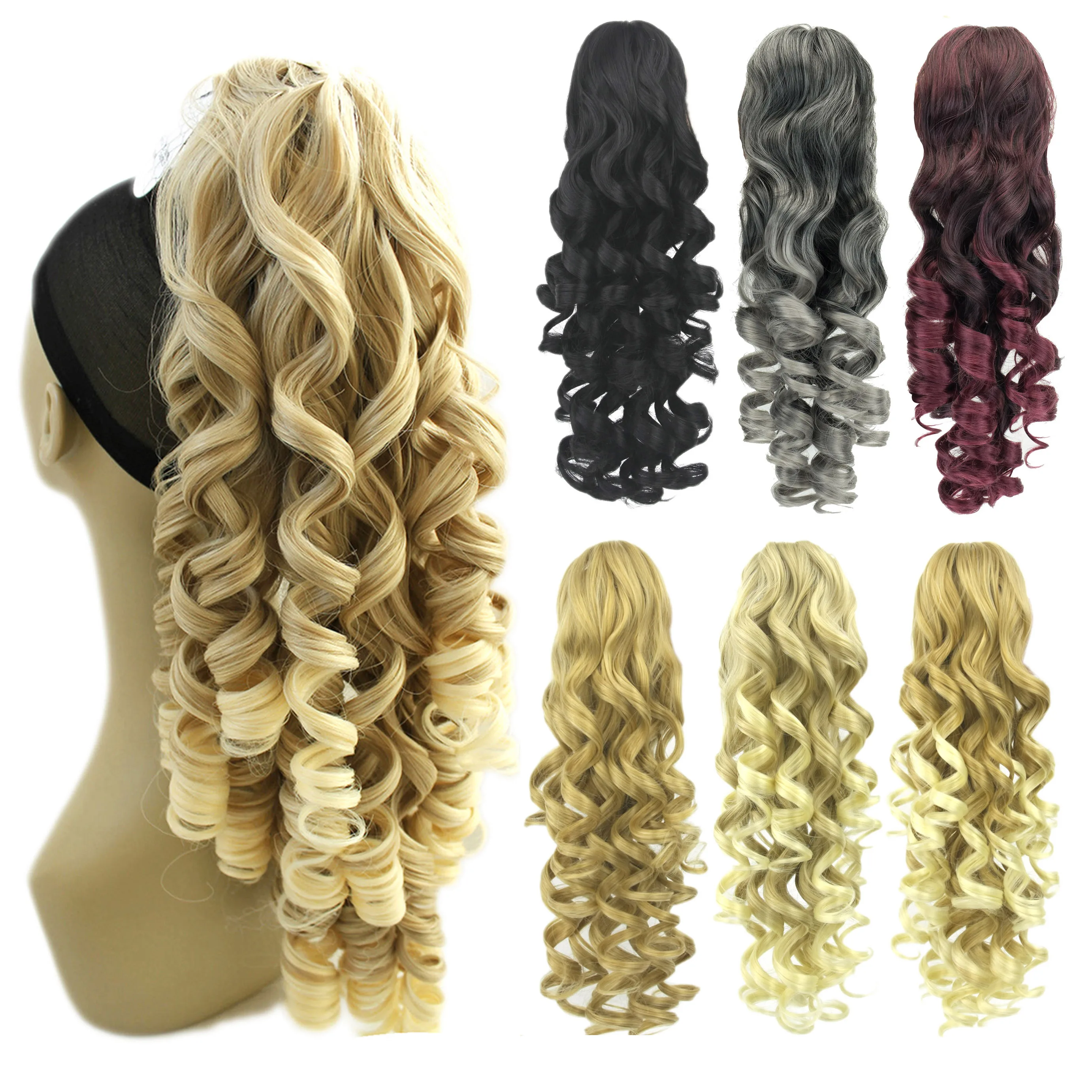 Soowee 180G Synthetic Hair Claw Ponytail Wig Long Blonde Curly Fake Hair Products Extension Clip Pieces Pony Tail  For Women