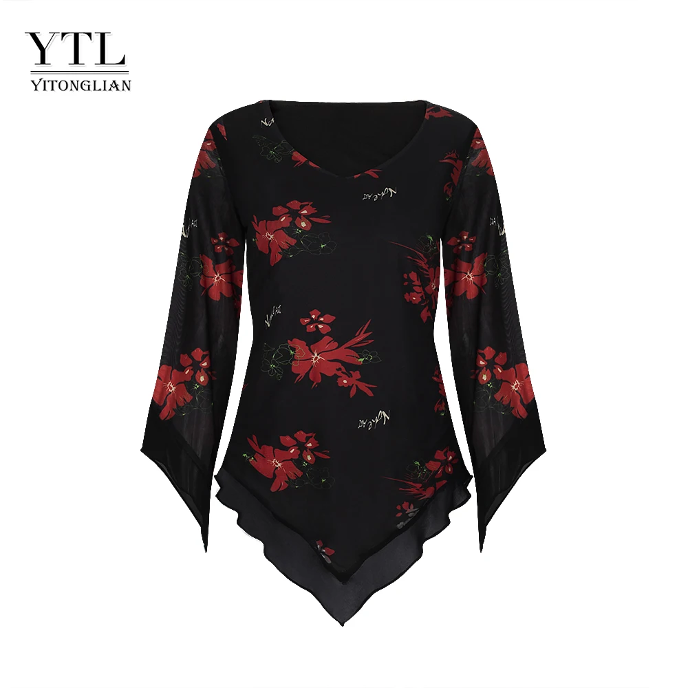 T-Shirt Stampata A Fiori Da Donna Taglie Forti Con Scollo A V 3/4 Design Irregolare Floreale Ytl W040