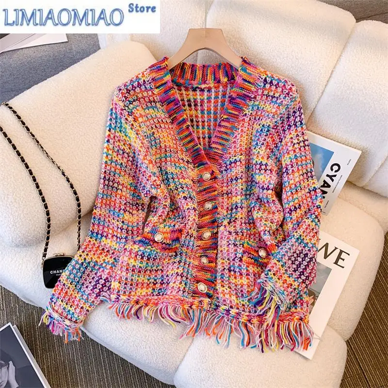 Nuovo Arcobaleno Scollo A V Monopetto Acrilico Lavorato A Maglia Mohair Cardigan Da Donna Nappa Vintage Manica Lunga Moda Cardigan Femminile