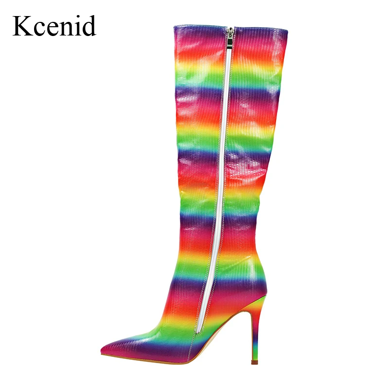 Kcenid Autunno Inverno Kneed Stivali Alti Sexy Scarpe A Punta A Spillo Tacchi Alti Scarpe Arcobaleno Cerniera Laterale Street Style Stivali Da Donna