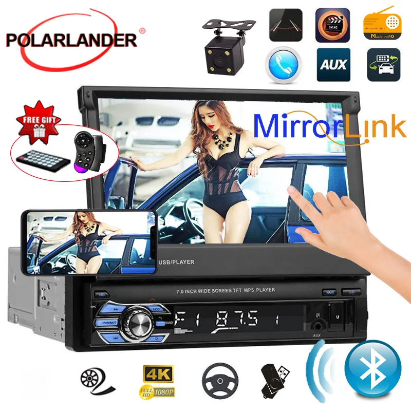 Retrattile 1 Din 7 Pollici Autoradio Autoradio Autoradio Mp5 Bluetooth/Usb/Tf/Aux-In Hd Touch Screen Cassetta Telecamera Posteriore