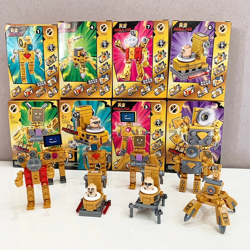 New Skibidi Toilet Man Vs Monitor Building Blocks Golden Edition Small Particle Toy Bricks Regali Per Bambini