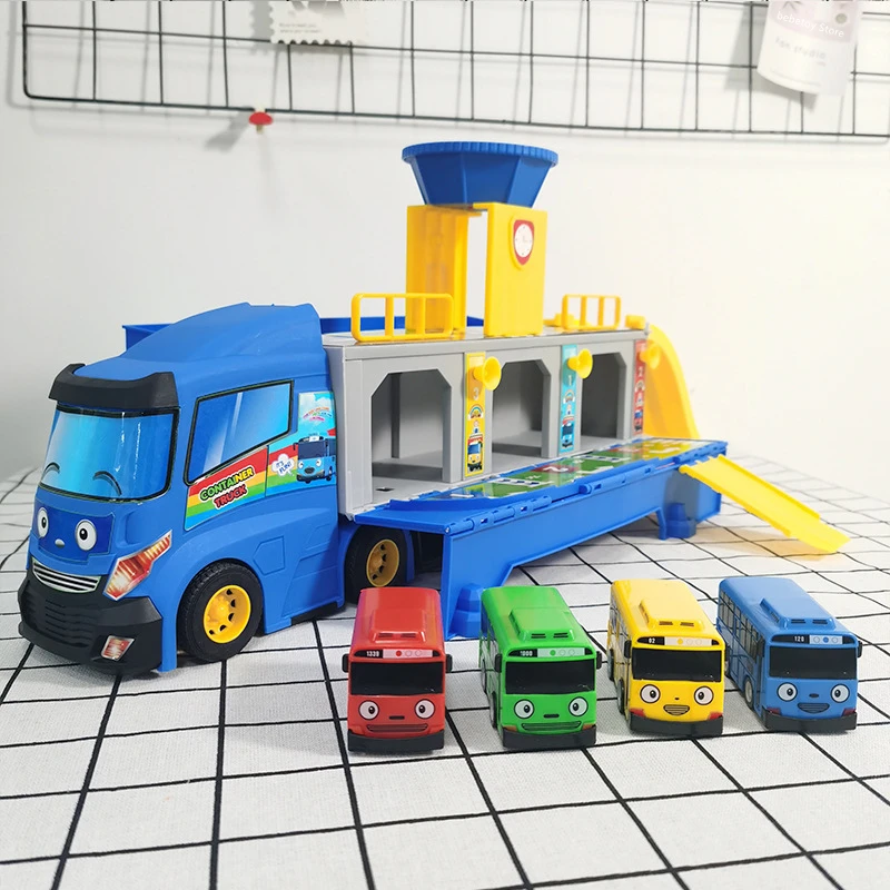 Cartoon Tayos The Little Bus Container Truck Storage Box Parcheggio Con 3 Pull Back Mini Car Toys Per Bambini Regali Di Compleanno