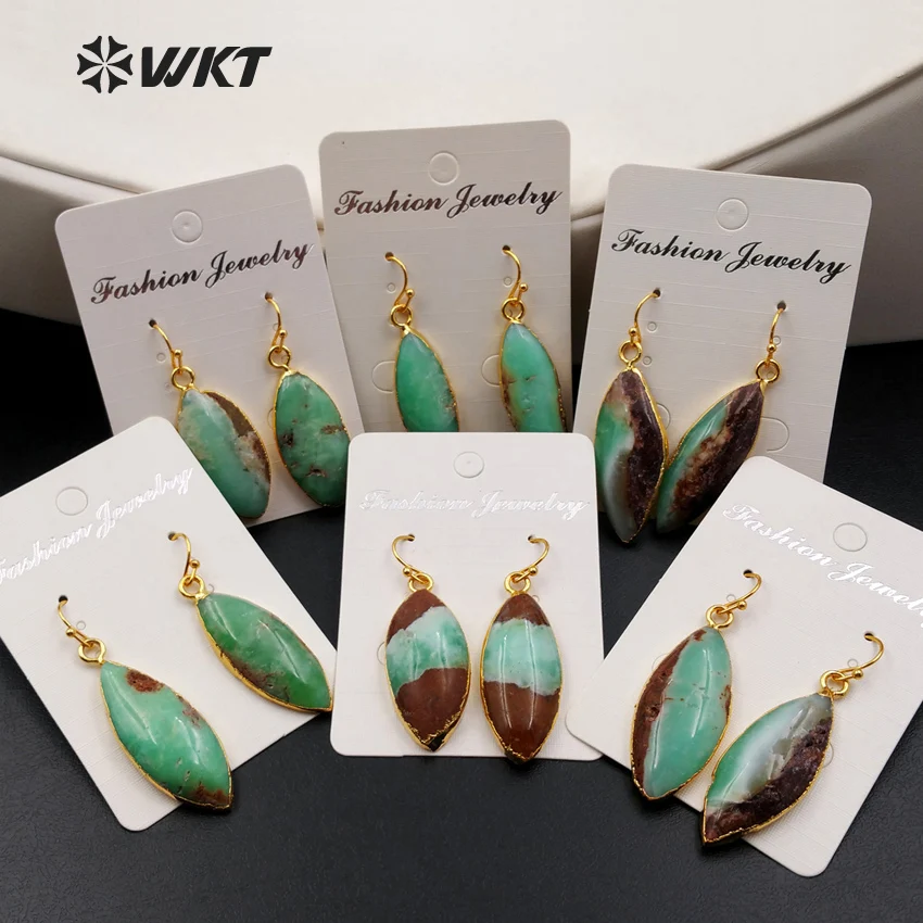 Wt-E342 All'Ingrosso Naturale Chrysoprase Orecchini Con 24 K Gold Trim Forma Dell'Occhio Del Cavallo Australiano Gioielli Orecchini Di Pietra Per Le D