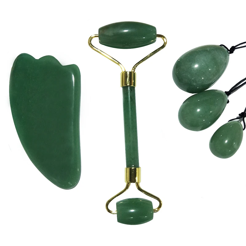 Naturale Verde Giada Rullo Giada Pietra Guasha Bordo Yoni Uovo Set Massaggiatore Viso Lifting Strumento Viso Rullo Giada Uovo Di Kegel Ginnico
