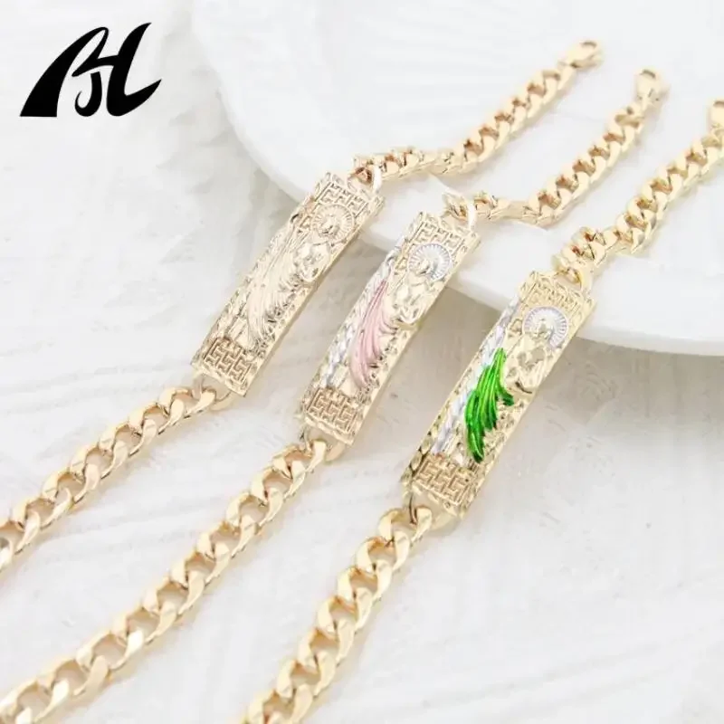 Bracciale In Oro 14 Carati Oro Laminado Green San Judas Tadeo Per Uomo E Donna, Gioielli Religiosi Unici, Bracciale Punk, Bracciale In Platino