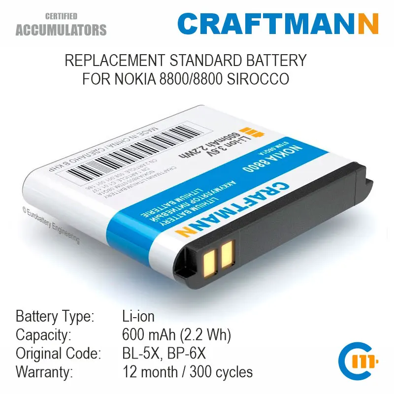 Batteria Craftmann  600Mah Per Nokia 8800/8800 Sirocco (Bl-5X/Bp-6X)