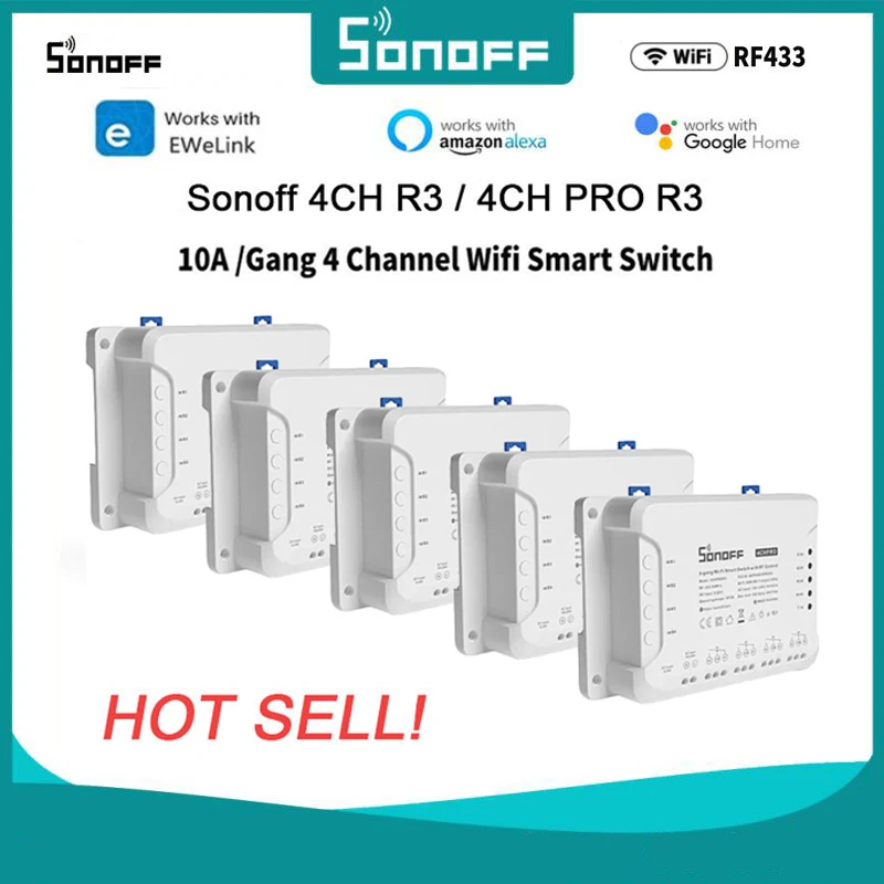 1-10Pcs Sonoff 4Ch R3/4Ch Pro R3 4 Gang Wifi Smart Switch Module Rf Remote Lights Switch Support 4 Dispositivi Funziona Con Alexa