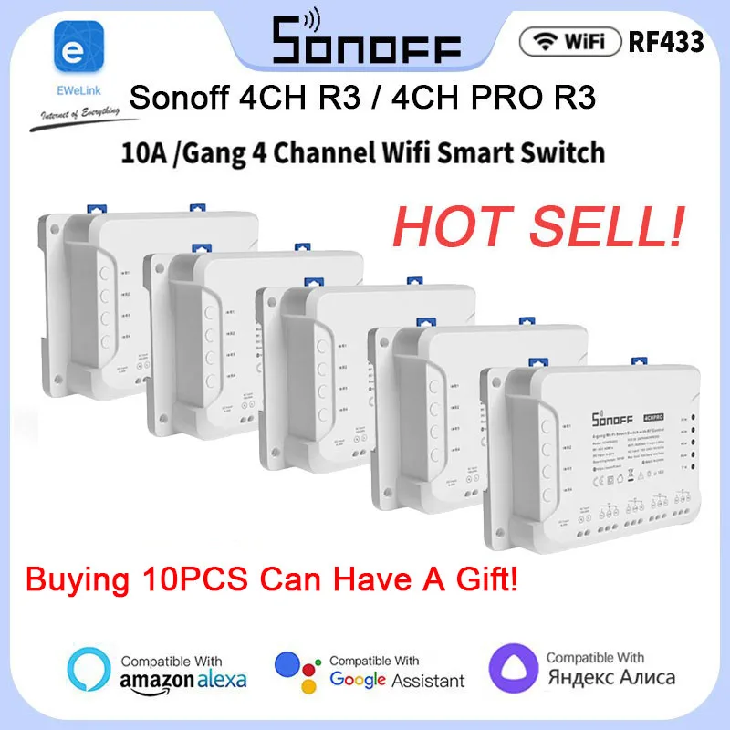 10Pcs Sonoff 4Ch R3/4Ch Pro R3 Wifi Smart Switch Module Rf Remote Lights Switch 4 Gang Support 4 Dispositivi Funziona Con Alexa