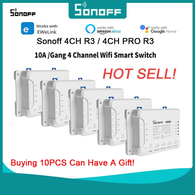 10Pcs Sonoff 4Ch R3/4Ch Pro R3 Wifi Smart Switch Module Rf Remote Lights Switch 4 Gang Support 4 Dispositivi Funziona Con Alexa