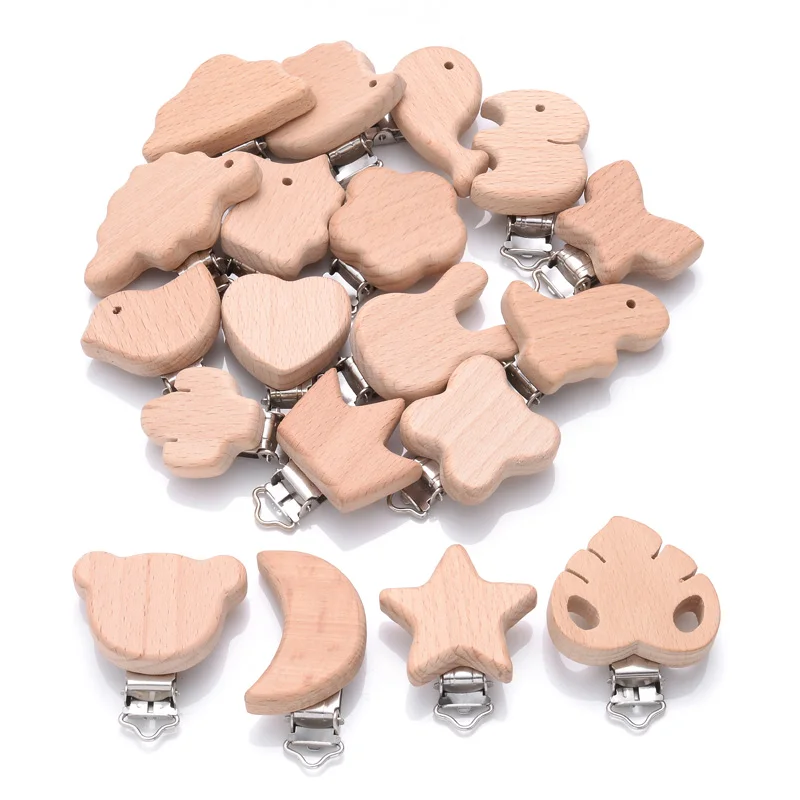 1Pcs Cute Animal Style Wood Natural Pacifier Chain Anti-Drop Beech Wood Dummy Clip Diy Essential Nipple Chain Accessories