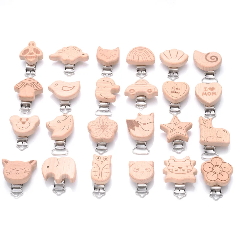 1Pcs Printing Animal Dummy Clip Beech Wood Nipple Clip For Teether Chewing Toys Accessory Diy Anti-Drop Baby Pacifier Chain