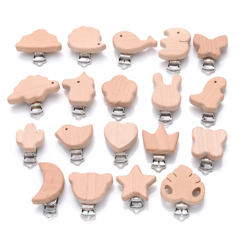 1Pcs Cute Animal Style Wood Natural Pacifier Chain Anti-Drop Beech Wood Dummy Clip Diy Essential Nipple Chain Accessories