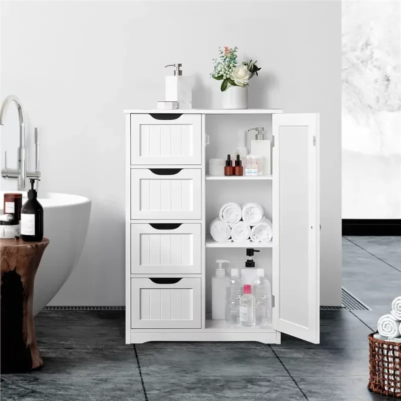 Mobile Da Bagno In Legno Di Design Alden Con 4 Cassetti E Armadio, Bianco