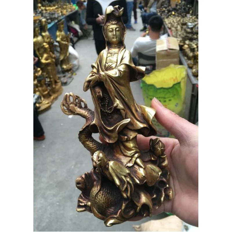 22Cm Royal Chinese Bronze Gilt Dragon Kwan-Yin Quan Guan Yin Goddess Statue