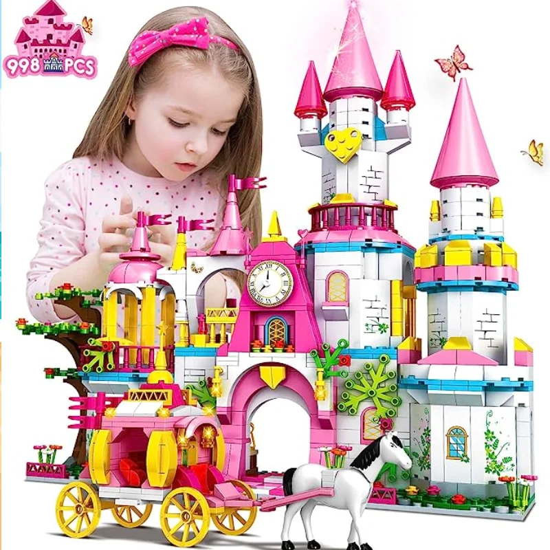 Girls Castle Princess Building Toys - Girl Dream House 5-In-1 Pink Castle & Carriage Playset Stem Building Blocks Set Fantasy G
