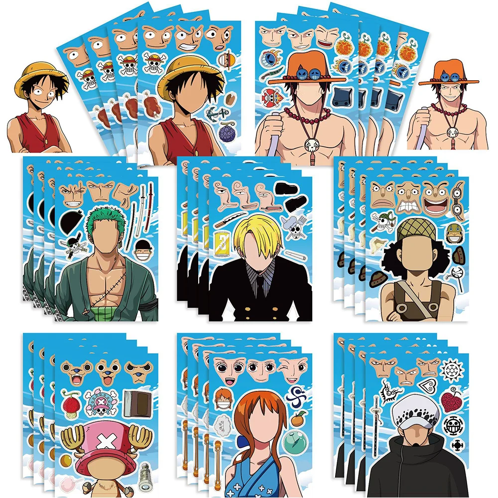 8/16 Fogli Anime One Piece Rufy Puzzle Stickers Make A Face Chopper Zoro Sticker Skateboard Bike Moto Notebook Kid Decalcomanie