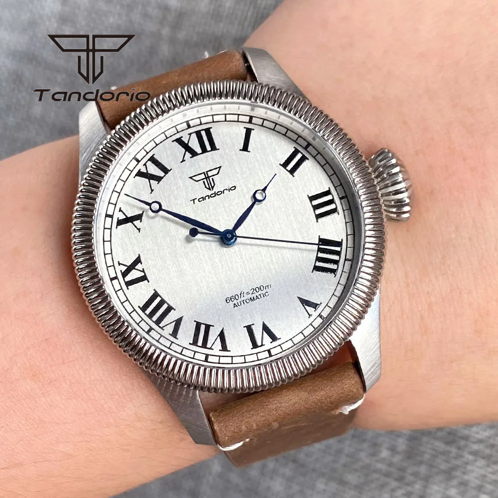 Tandorio Vintage 39Mm 200M Pilot Orologio Automatico Da Uomo Big Screw Crown Nh35A Pt5000 Silver Dial Cinturino In Pelle Zaffiro Luminoso