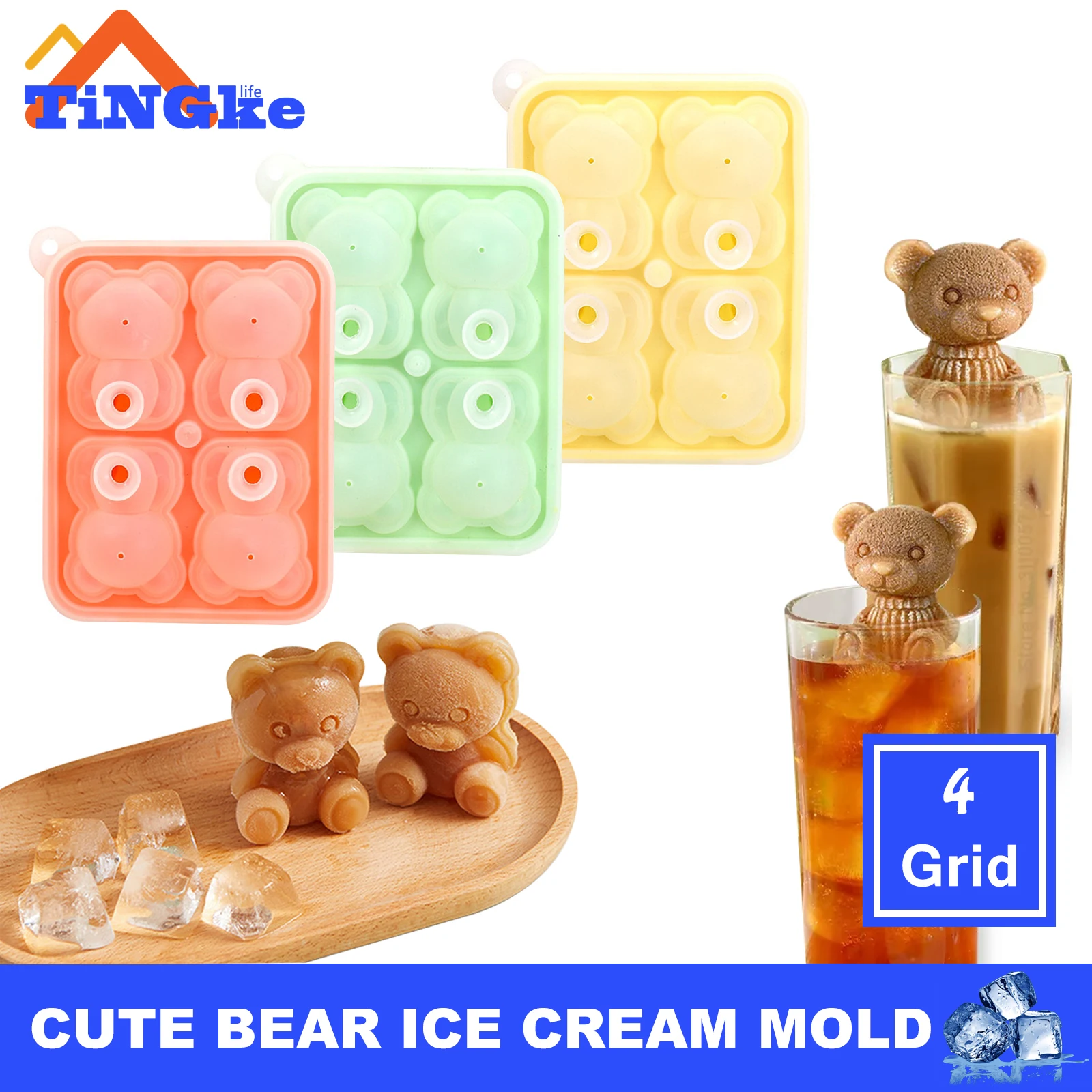 4 Griglie 3D Little Bear Shape Ice Cube Stampo In Silicone Stampo Per Torta Al Cioccolato Stampo Per Pasta Di Caramelle Per Caffè Latte Tè Whisky Ice 