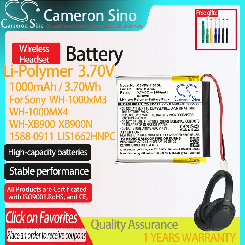 Batteria Per Cuffie Wireless Cs Per Sony Wh-1000Xm3 Wh-1000Xm4 Wh-Xb900 Xb900N Wh-Ch710N/B Adatta Al 1588-0911 Lis1662Hnpc Sm-03