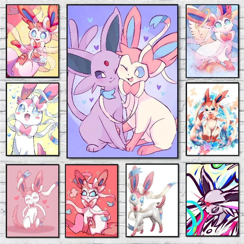 Pokemon Anime Giapponesi Figure Eevee Sylveon Vintage Canvas Painting Immagine Decorativa Poster Bedroom Art Wall Stickers